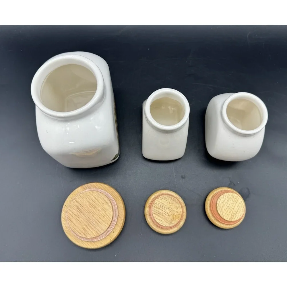 European Ceramic Canister Jars 3pc Wooden Lids Cottage Farmhouse Kitchen Decor